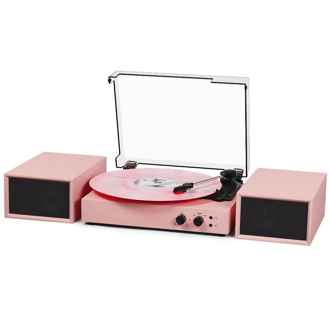Vinyl Record Player With External Speakers, Vintage 3 Speed Turntable With Dual Speakers, Bluetooth Music Playback, Mp3 Pc Encod