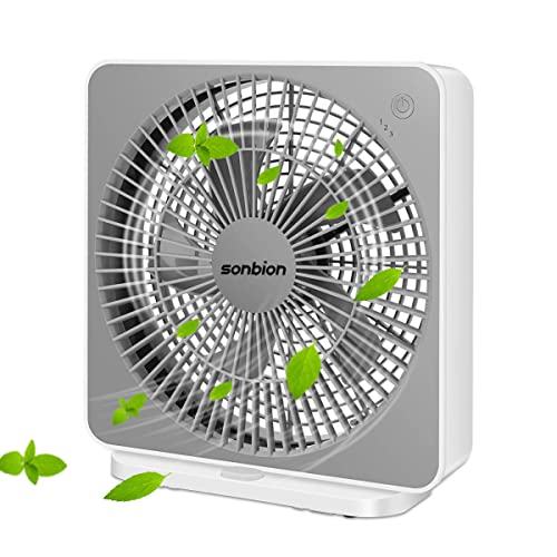 Sonbion Box Fan, Three Speeds Window Table Cooling Fan 10 Inch Dc Desk Fan With Plug In Ac Adapter, Strong Wind,Quiet Operation