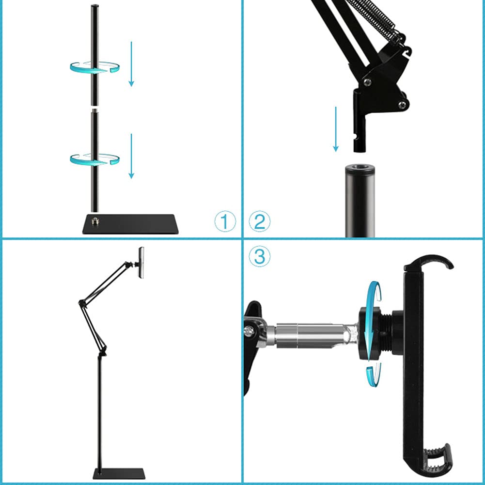 Ohitec Phone/Tablet Floor Stand, Heavy Duty Steel Metal Universal Adjustable Mobile Cell Smartphone Mount Lazy Bracket 360 Degre