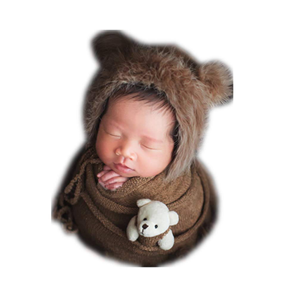 Newborn Photography Props, Baby Photo Props Boys Girls Bear,Hat, Wrap Blanket Handmade Knit Outfits (Coffee)