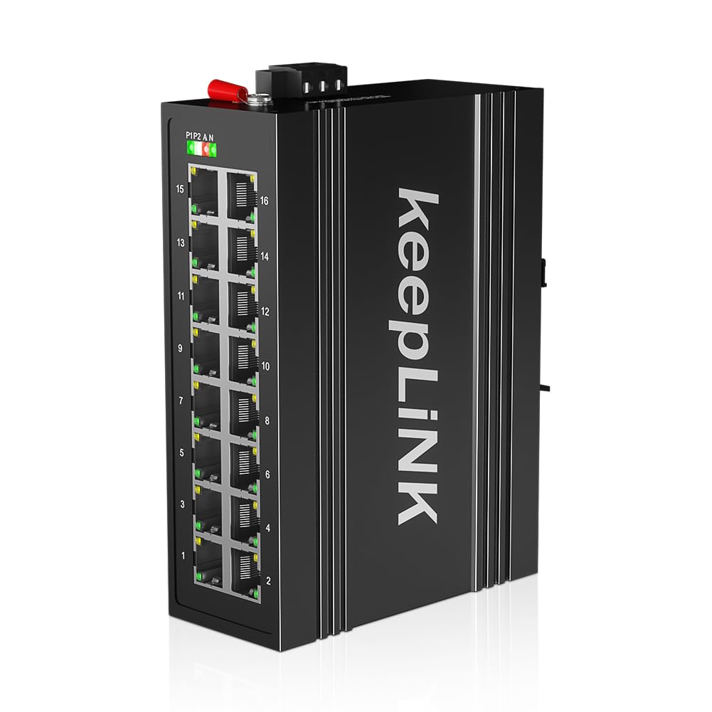 Keeplink 16 Port Industrial Gigabit Switch, Ethernet Din Rail Hardened Switch Unmanaged, Ip40, Operating Temperature Range Of  3