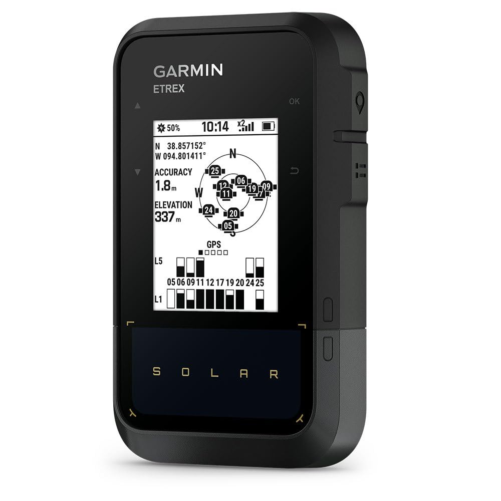 Garmin eTrex Solar, GPS Handheld Navigator, Unlimited Battery Life, Water Resistant