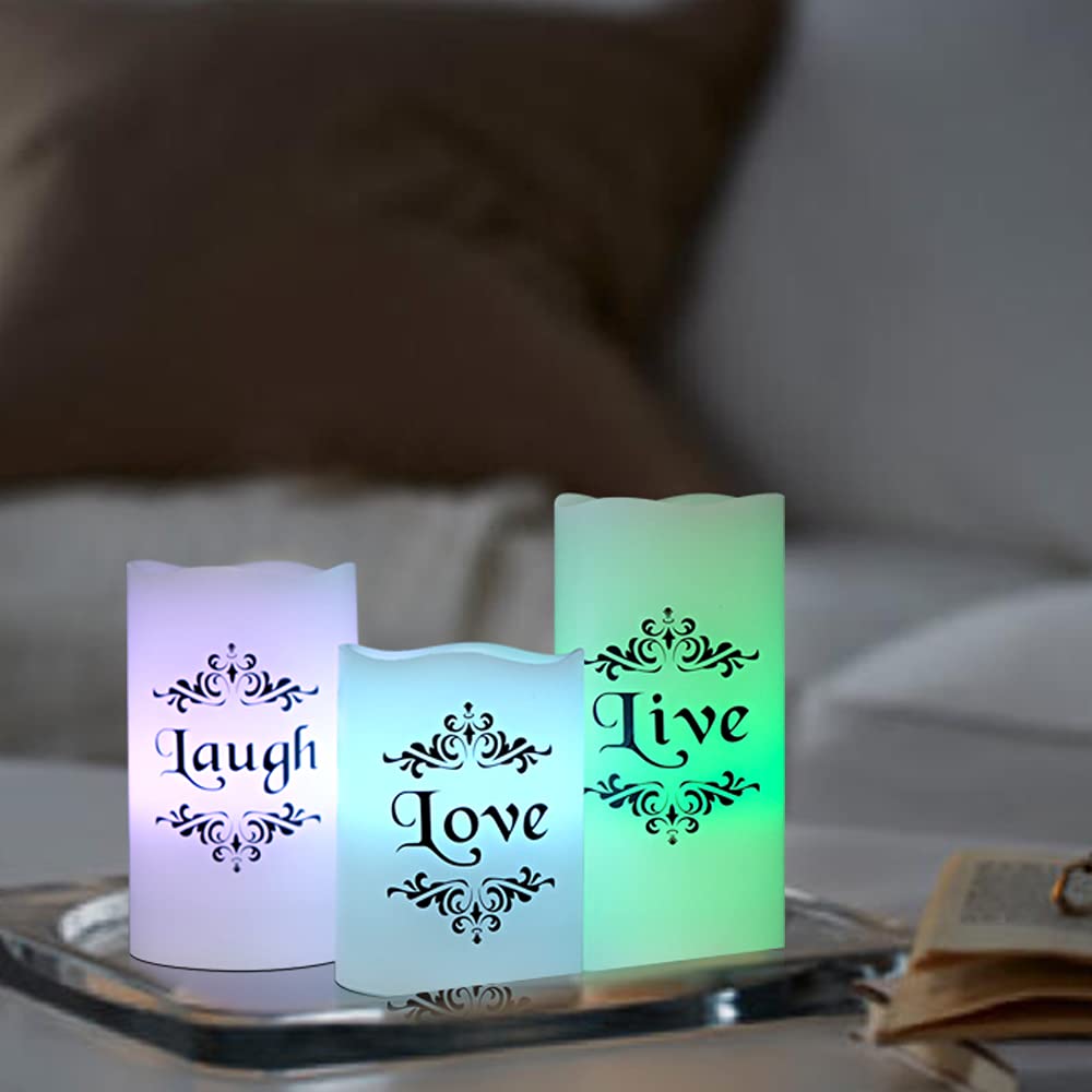 Dromance Color Changing Flameless Candles Battery Operated With 18 Key Remote Timer, 3 Pack Real Wax Live Love Laugh Decal Flick