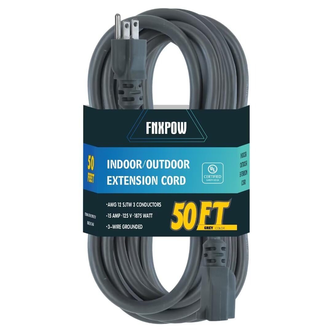 Fnxpow Indoor Outdoor Extension Cord, 12 Gauge 3 Prong Weatherproof Heavy Duty Gray Extension Cords,12/3 Sjtw 15A 50 Ft Extensio
