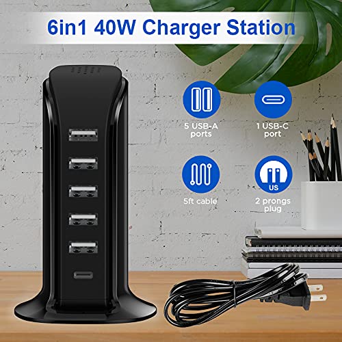 Charger Block 6 In 1 Upoy, 40W Usb C Charger 3A, Charging Hub With 5 Usb Ports(Shared 6A) For Multiple Electronics, Usb Charging