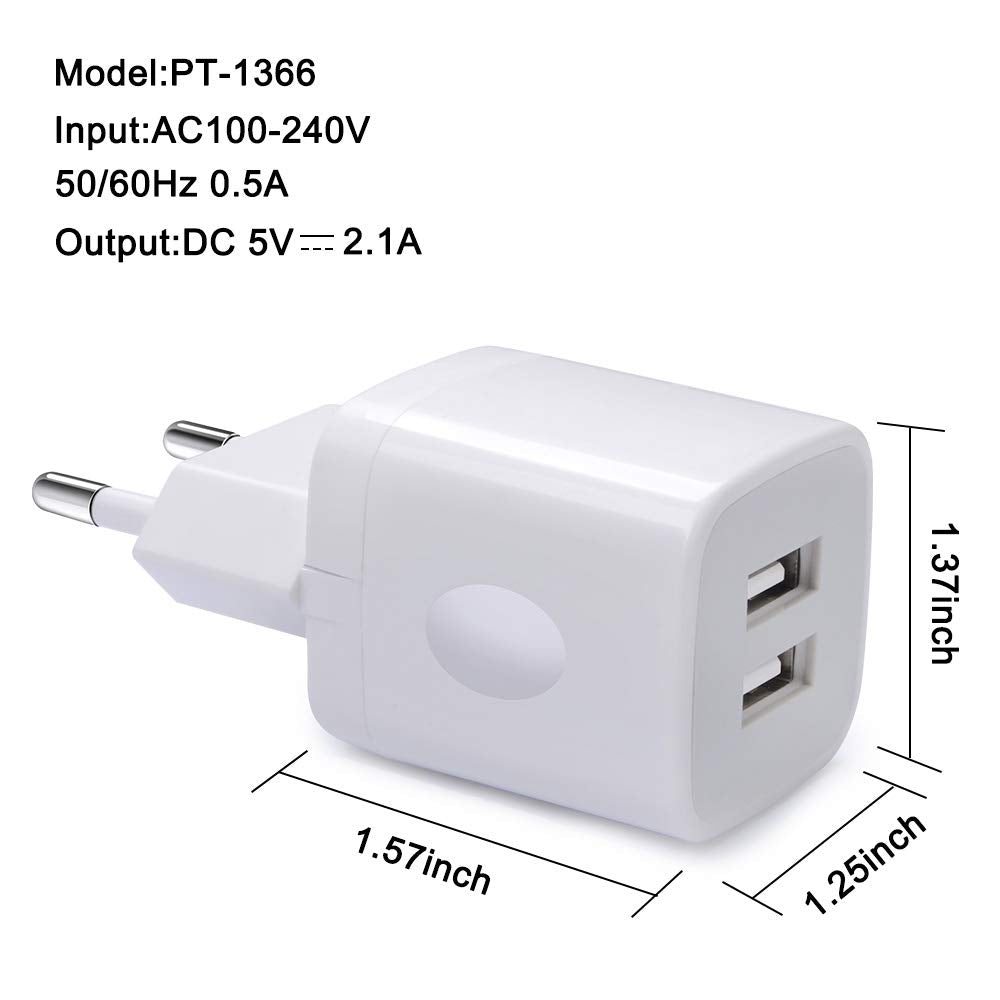European Wall Charger, Vifigen 2 Pack Usb 2.1Amp Universal Europe Charger Block Dual Port Plug Compatible For Iphone 16 15 14 13 12 11 Pro Max Xs Xr X Se 8 7 6 Plus,Samsung S24 S23 A15,Note 20,Lg,Moto