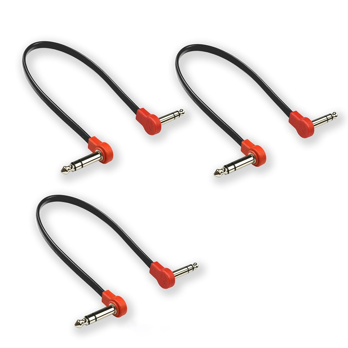 M MAKA Flat Low Profile Stereo Guitar Patch Cable 12 inch for Effects Pedals, 1/4 inch TRS Right-Angle, Red, 3-Pack