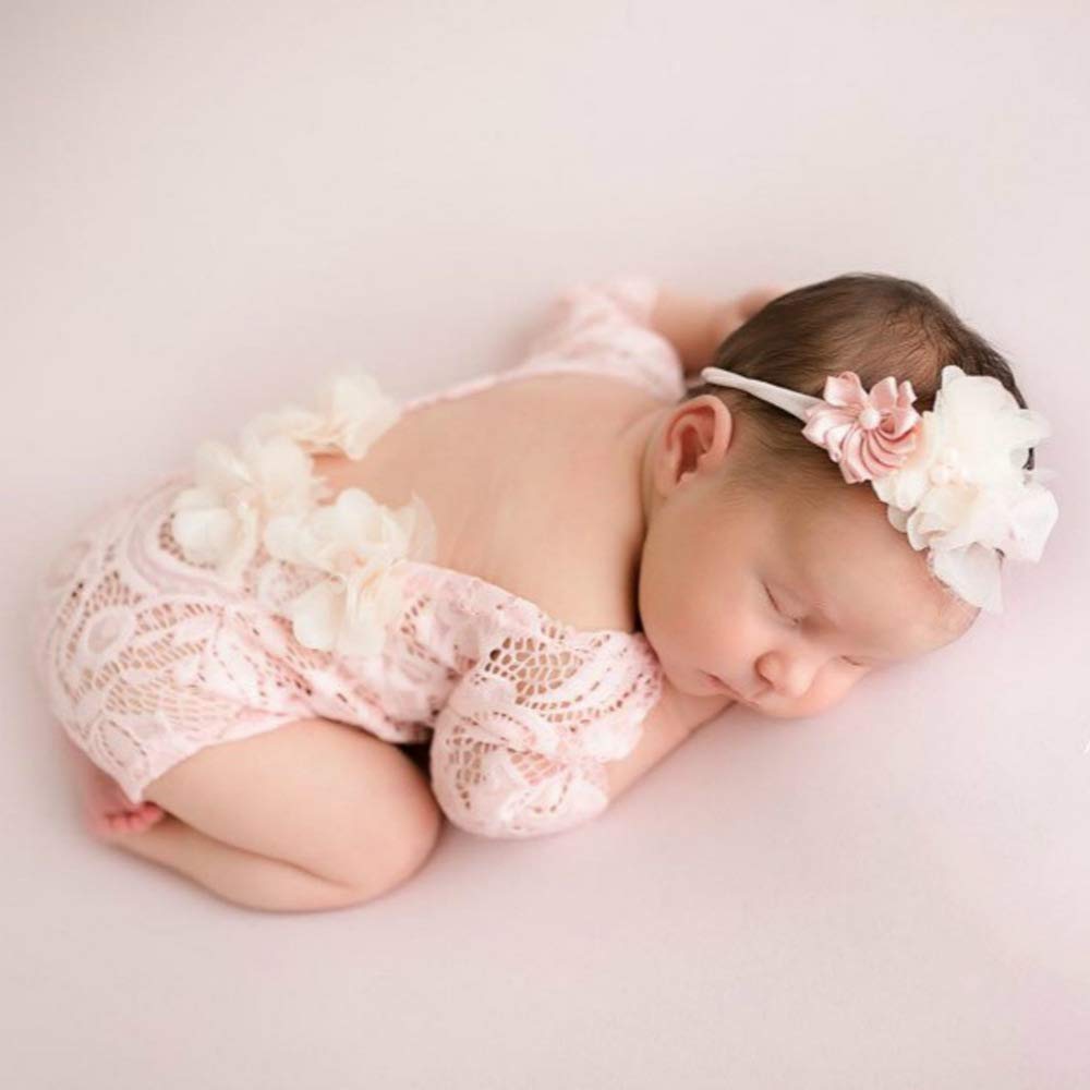 Newborn Lace Romper, 2 Pcs Baby Girl Photography Props, Newborn Girl Photography Outfits With Flower Headband For Infants (Pink)