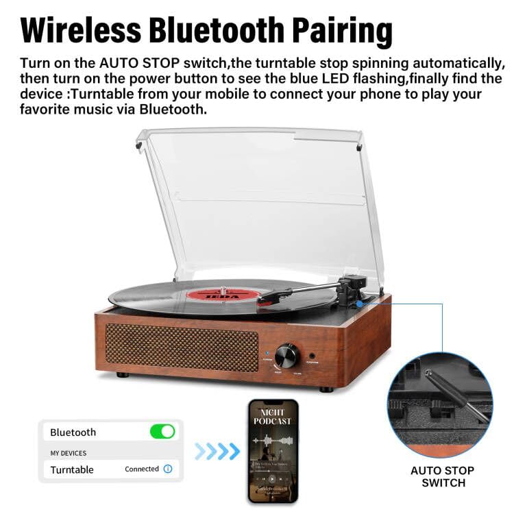 Vinyl Record Player Turntable With Built In Bluetooth Receiver & 2 Stereo Speakers, 3 Speed 3 Size Portable Retro Record Player