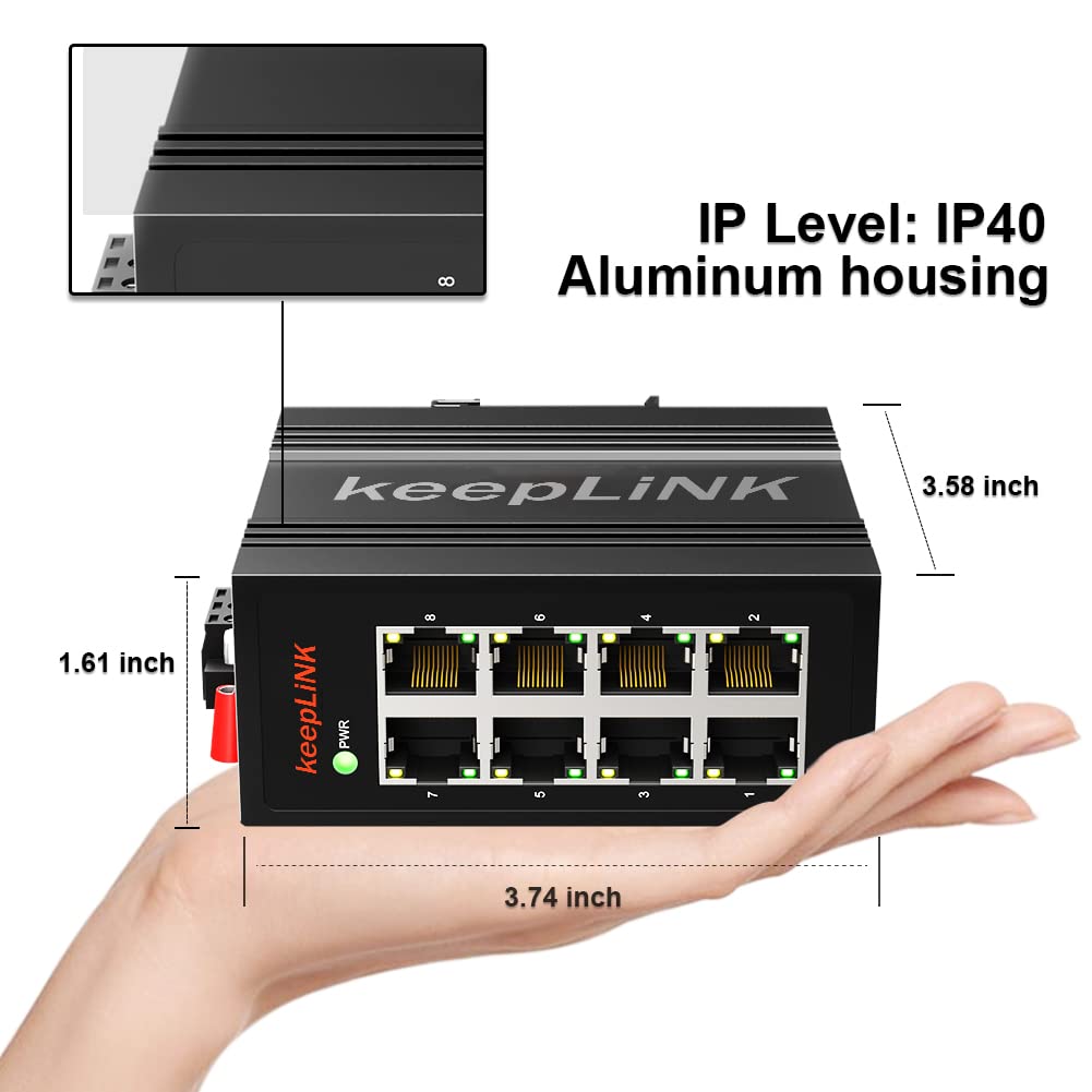 Keeplink 8 Port Industrial Ethernet Switch, Unmanaged 10/100Mbps Din Rail Network Switch, Ip40, Operating Temperature Range Of