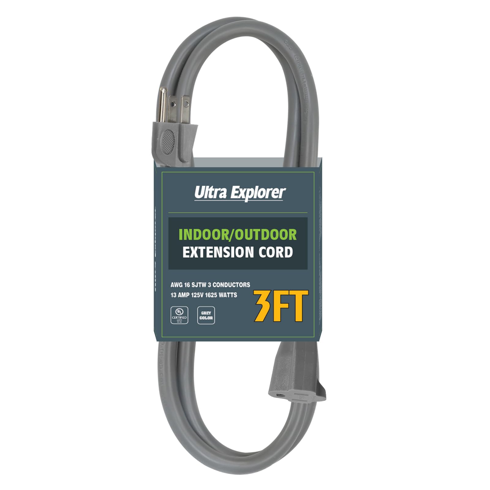 3 Ft Indoor Extension Cord, 16/3 Gauge Extension Cord Ouside, 3 Prong Grounded Plug White Electrical Cable, Sjtw, 13A 1625W, Ul