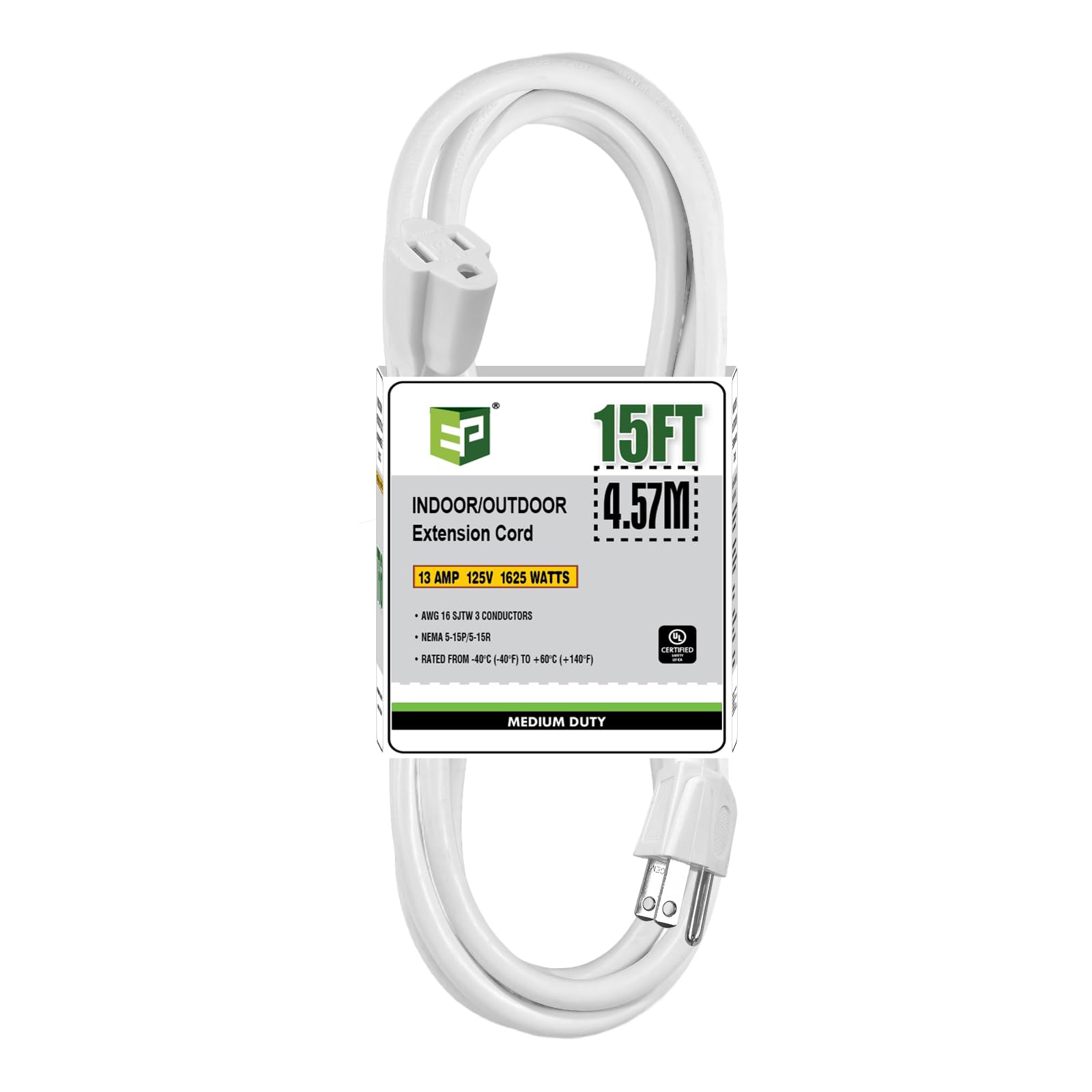 Ep 15 Ft Outdoor Extension Cord   16/3 Sjtw White Electrical Cable With 3 Prong Grounded Plug, Ul Listed