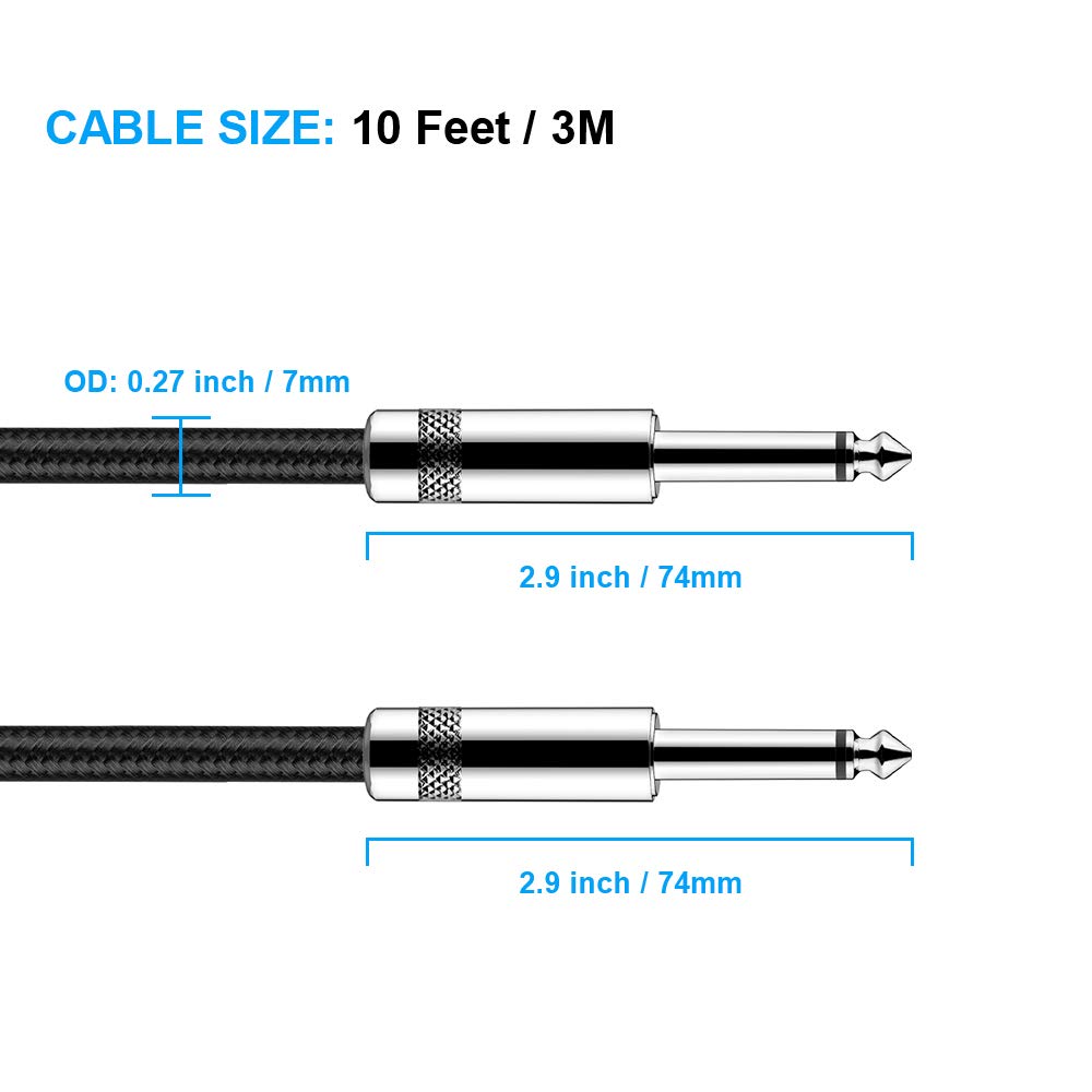 New Bee 10 Ft Guitar Cable - Electric Instrument Cable For Bass, Guitar, Mandolin, Pro Audio - Straight To Straight - Black
