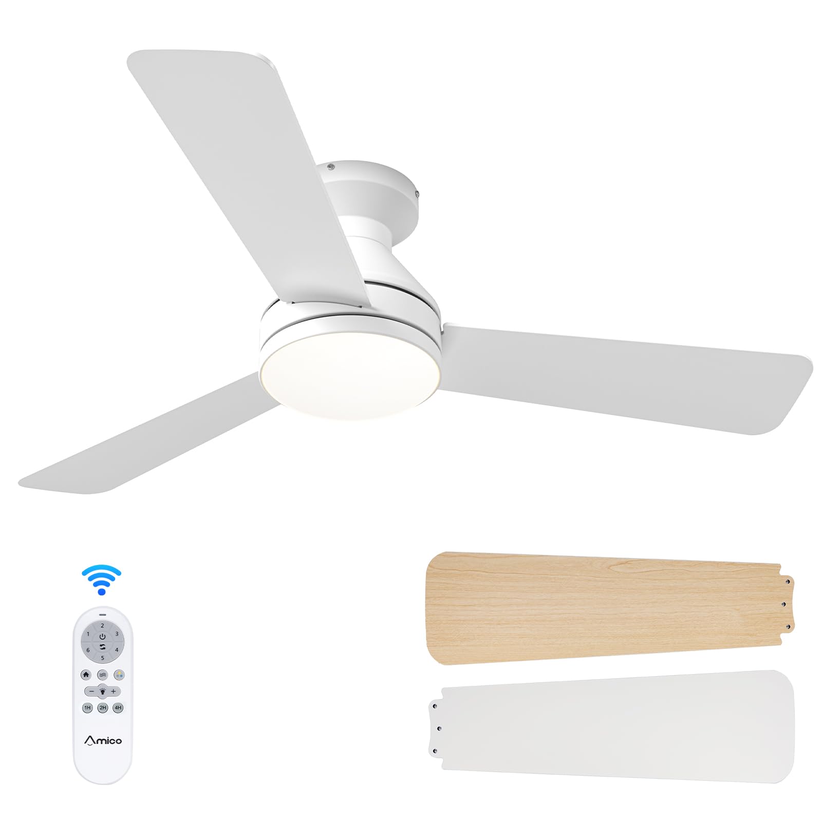 Amico Ceiling Fans With Lights, 42 Inch Low Profile Ceiling Fan With Light And Remote Control, Flush Mount, Reversible, 3Cct, Di