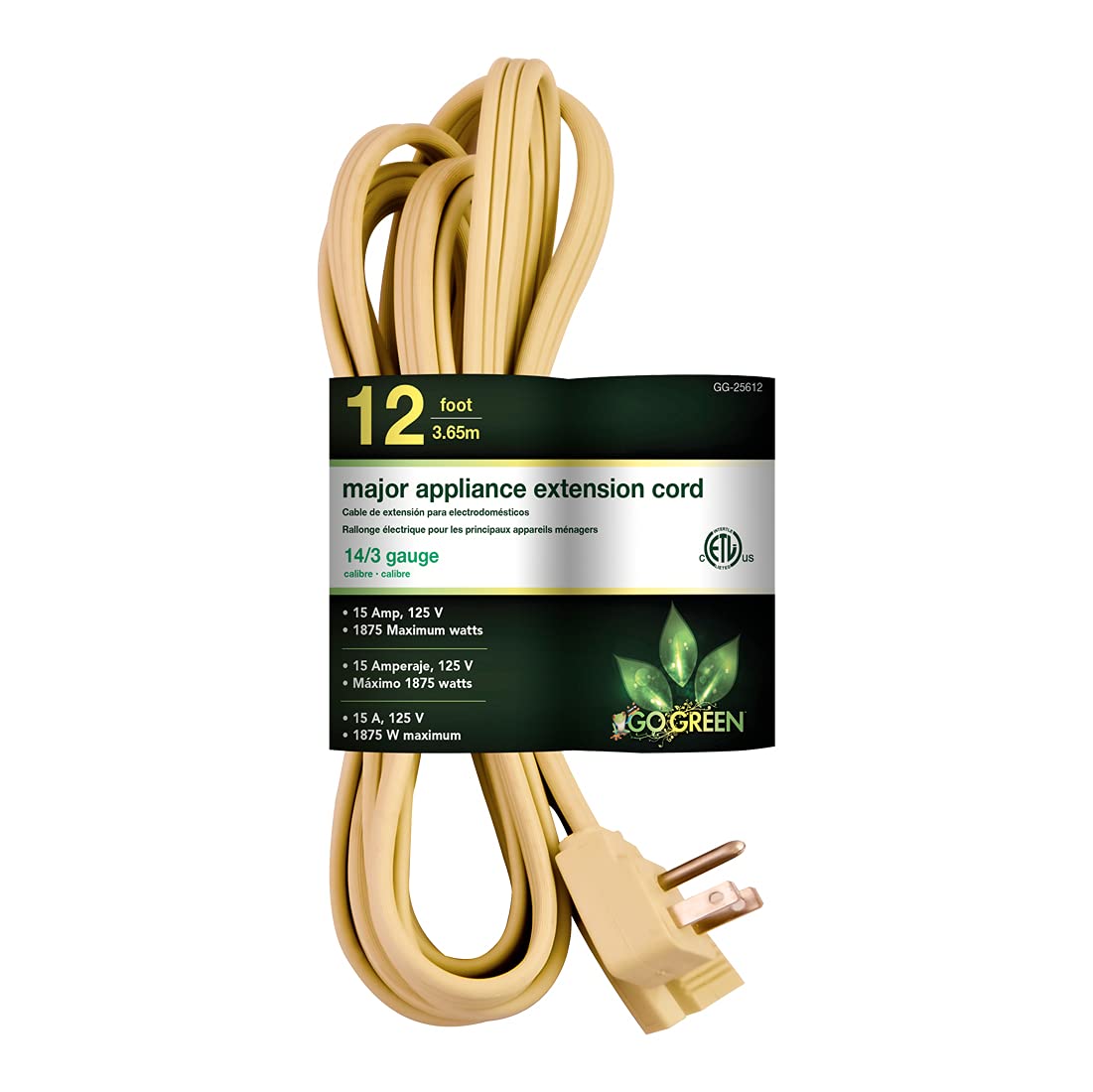 Go Green Power Inc. 12Ft Appliance Cord, Beige   14/3 Spt, Heavy Duty, Grounded Plug, Kink Free, Ideal For Large Indoor Appliances