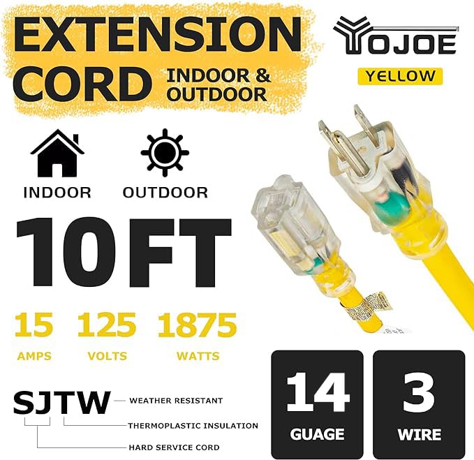Yojoe Indoor Outdoor Extension Cord With Lighted End, 3 Prong 15A Weatherproof Power Extension Cord, 14 Gauge Heavy Duty 10 Ft Y