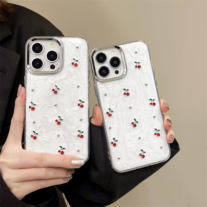 Cute Case For Iphone 16,Red Cherry Pearls With Phone Charm Chain,Pearlized Fruit Case For Women Girls Designed Shockproof