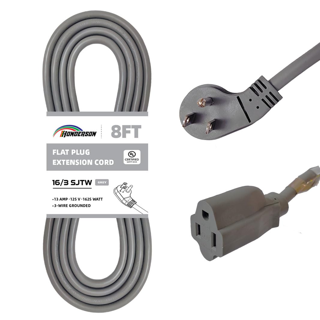 Honderson Flat Plug Indoor Extension Cord, Ul Listed, 16 Gauge 8Ft Grey 3 Prong Heavy Duty Extension Cord, 16/3 Sjtw 13A Power E