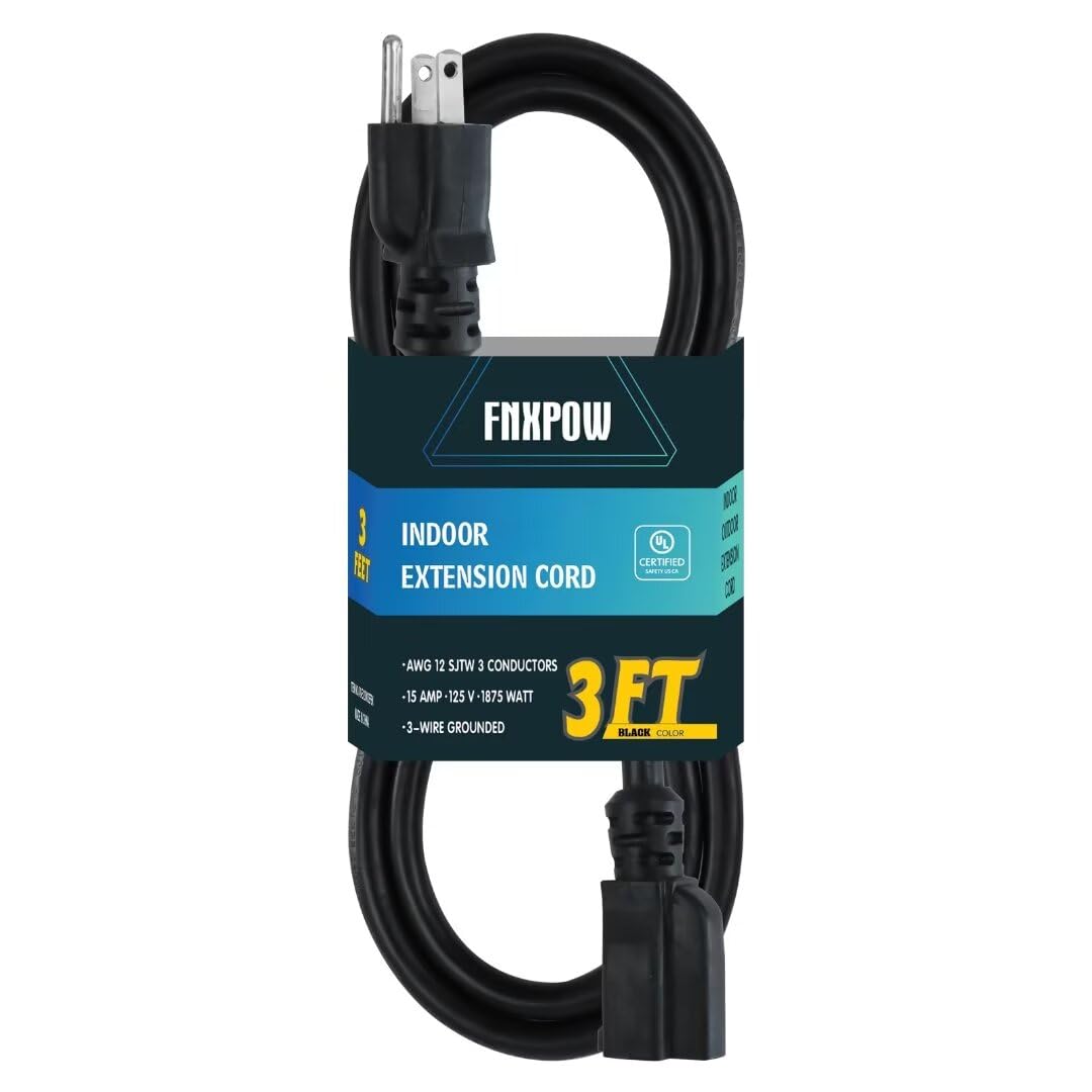 Fnxpow Indoor Extension Cord, 12 Gauge 3 Prong Weatherproof Heavy Duty Black Extension Cords, 12/3 Sjtw 15A 3 Ft Extension Cable