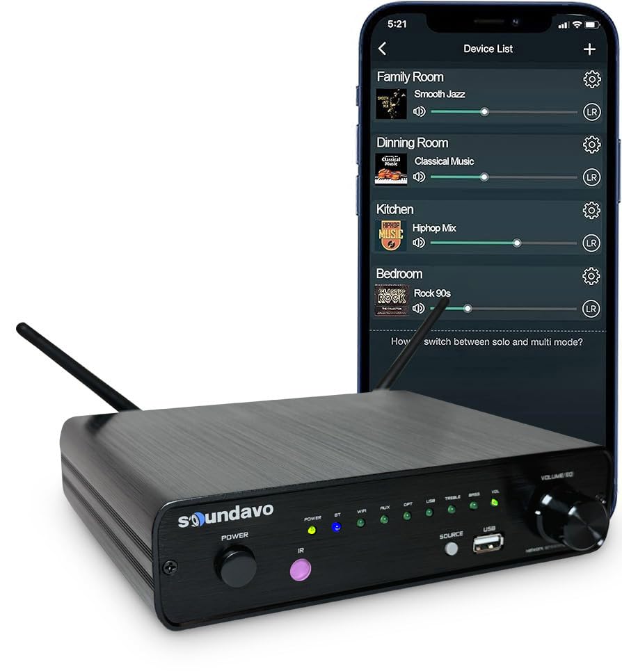 Soundavo NSA-250-V2 Multi-Room Audio Streamer Amplifier 50W + 50W | Supports Airplay, DLNA, WiFi & Bluetooth | 24bit 192 kHz Hi-