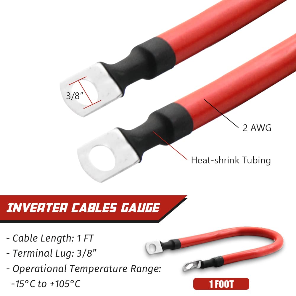 2 Awg 2 Gauge Red + Black Pure Copper Battery Cables Power Inverter Wire Set For Solar, Rv, Car, Boat, Automotive 12In 3/8 In Lu