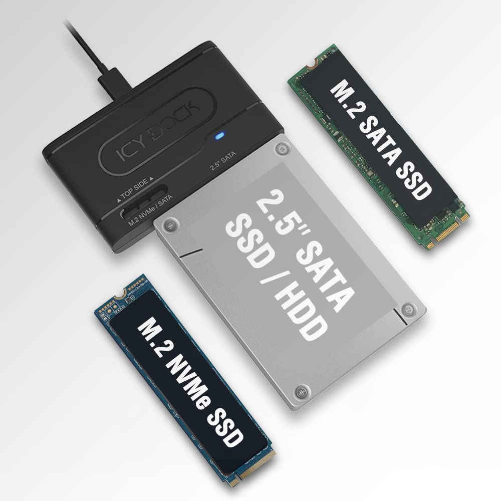 ICY DOCK USB 3.2 Gen 2 10Gbps to 2.5' SATA SSD/HDD & M.2 NVMe/SATA SSD External Reader Adapter | EZ Adapter MB104U 1SMB