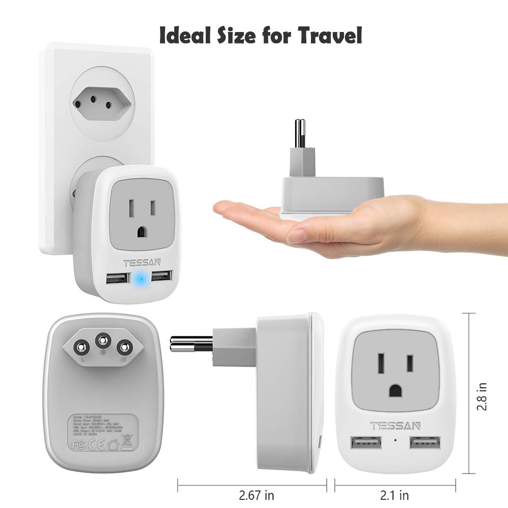 Tessan Brazil Power Adapter Travel Plug, 3 In 1 Usa Outlet Adapter With 2 Usb Charging Ports And Us Grounded Input For Usa To Br