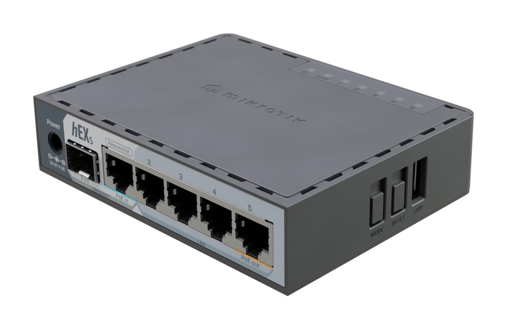 MikroTik hEX S (2025) E60iUGS A compact, affordable wired router featuring a 2.5G SFP port, 5x Gigabit Ethernet, PoE out, USB, a