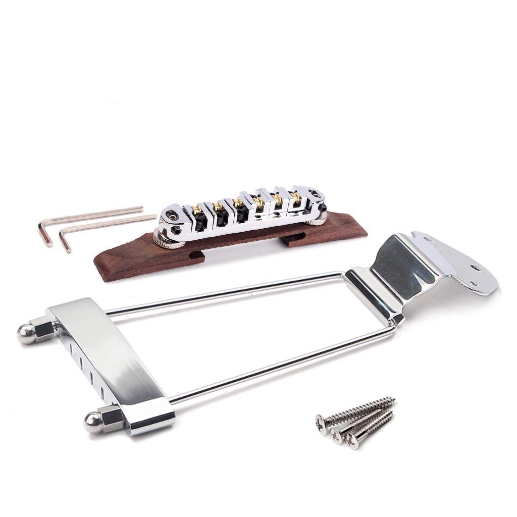 Ogdni 6 String Guitar Trapeze Tailpiece Bridge And Roller Tune O Matic Saddle Bridge For Jazz Archtop Guitar Replacement (Chrome