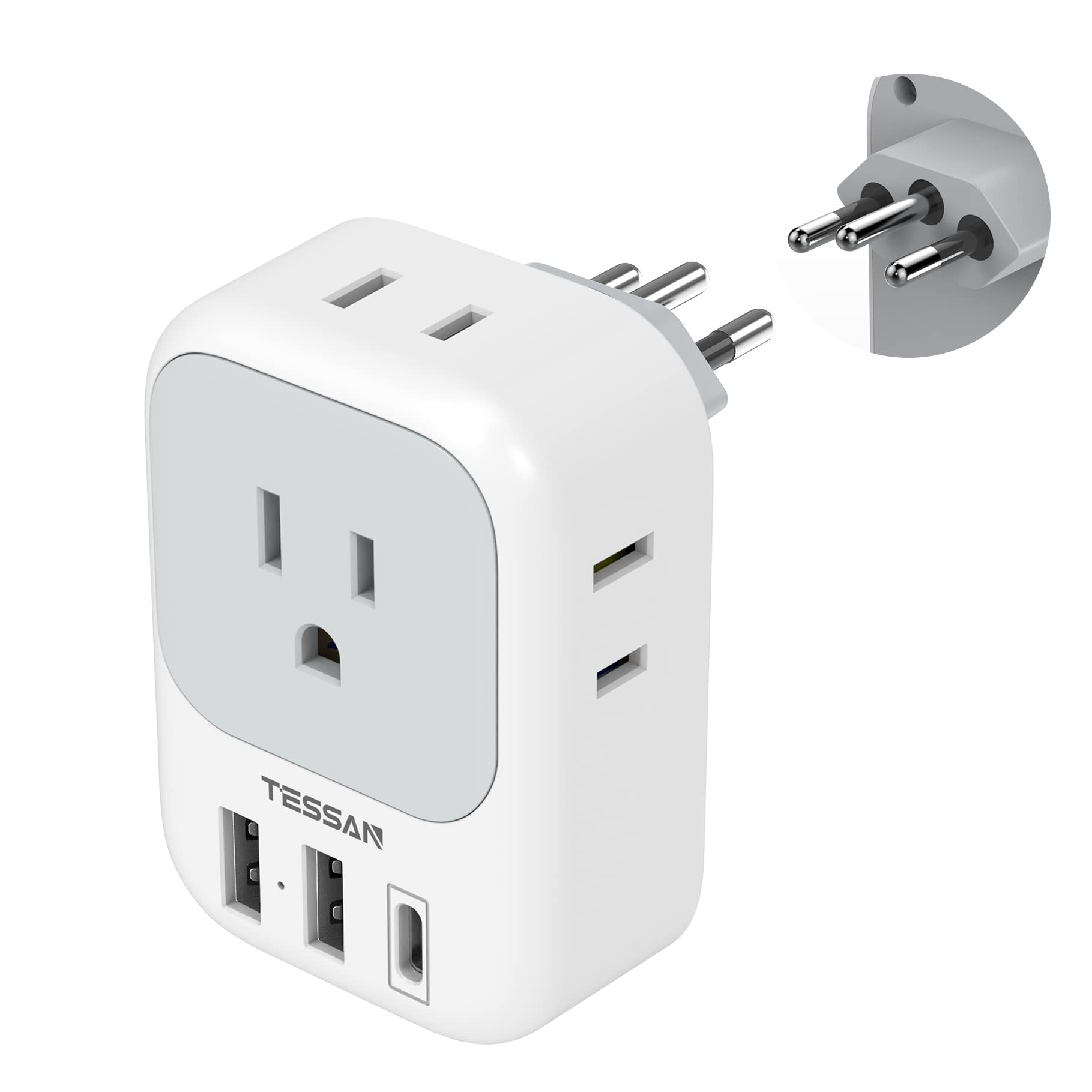 Tessan Brazil Power Adapter, Us To Brazil Travel Plug With 4 American Outlets 3 Usb Charger (1 Usb C Port), Type N Adaptor For U