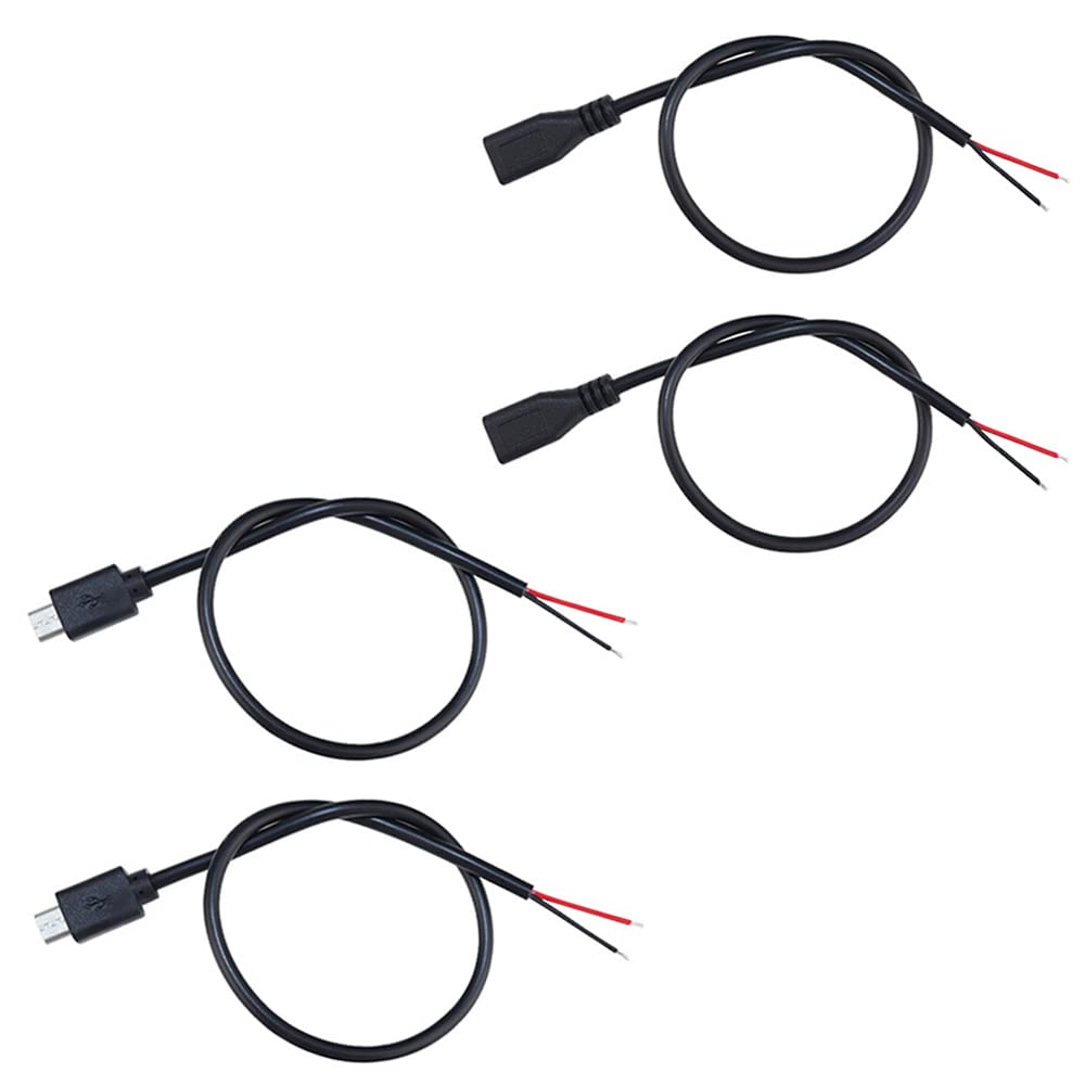 Ksopuert 4 Pcs 1Ft Black Micro Usb 2 Wire Pigtail Cable, 2.1A 5V, 28Awg, 2 Cores, Power Pigtail Repair, 2 Male & 2 Female Plugs