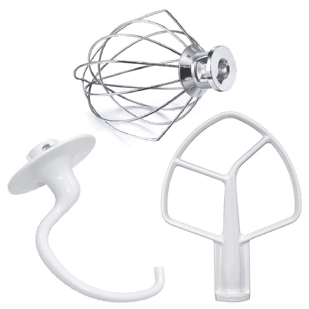 Kithnen Aid Accessories Including K5Adh Coated C Dough Hook&K5Ab Coated Flat Beater&K5Aww Wire Whip 3 Set Compatible For 5 Qt Ti