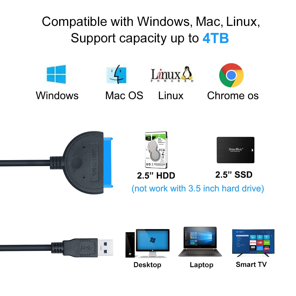 Dtech Sata To Usb 3.0 Adapter Cable For 2.5 Inch Ssd Hdd Hard Drive To Computer Pc Laptop 5Gbps Superspeed Compatible With Usb 2
