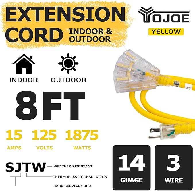Yojoe 3 Outlets Indoor Outdoor Extension Cord With Lighted End, 3 Prong 15A Weatherproof Power Cord, 14 Gauge Heavy Duty 8 Ft Ye