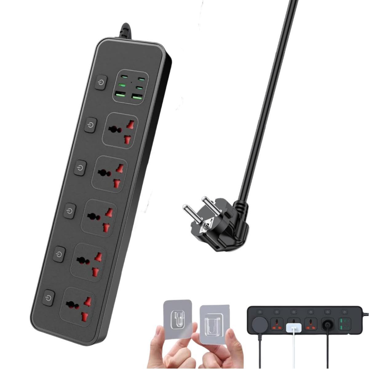European Travel Power Strip With Individual Swtich, Jumpso 6Ft Universal Extension Cord With 5 Outlets And 2 Usb 4 Usb C Ports,