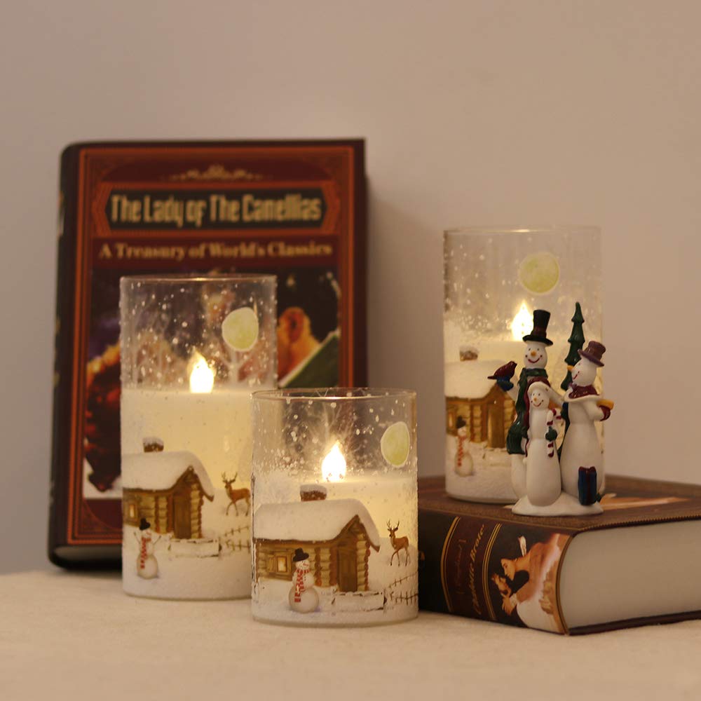 Eldnacele Snowman Glass Flameless Candles With Remote Timer Battery Operated Flickering Led Pillar Candles 3 Pack Warm White Lig