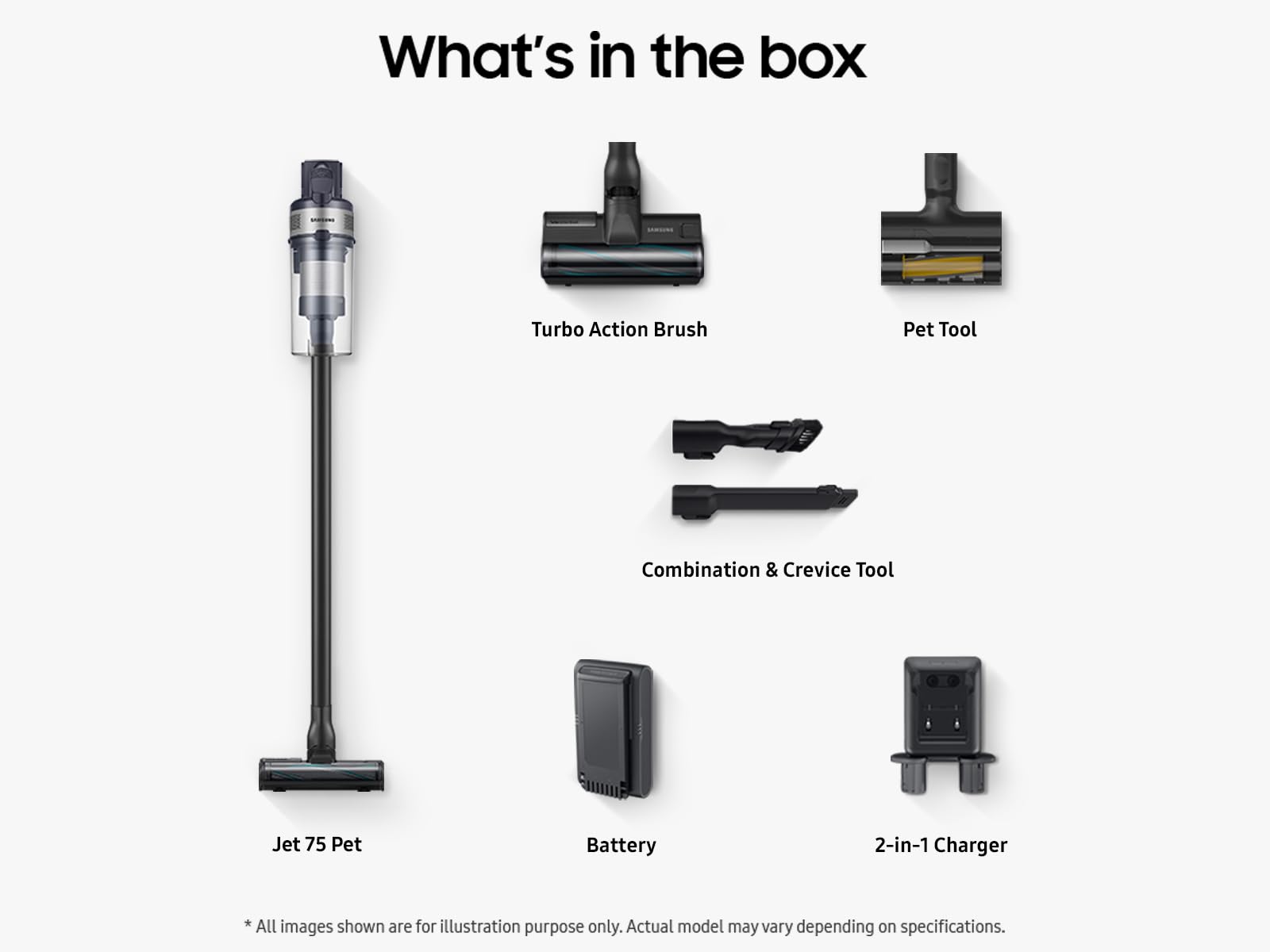 Samsung Jet 75 Pet Cordless Vacuum, Lightweight W/Turbo Action Brush, Pet Tool, Removable Battery, Powerful Cleaning For Hardwoo