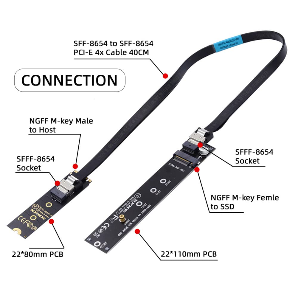 Cablecc Ngff M Key Nvme Male To Female Extension Cable With Sff 8654 Connector For Mainboard Ssd 2280/22110 40Cm