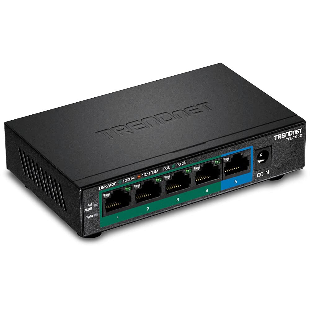 TRENDnet 5-Port Gigabit PoE+ Switch, 32W PoE Power Budget, 10Gbps Switching Capacity, IEEE 802.1p QoS, DSCP Pass-Through Support