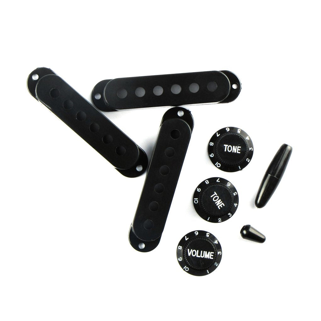 FLEOR Black Plastic 52/52/52mm Single Coil Pickup Cover 2T1V Tone Volume Control Knobs Switch Tip Bar Tip Set