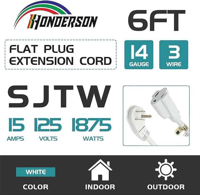 Honderson Flat Plug Indoor Extension Cord, Ul Listed, 14 Gauge 6Ft White 3 Prong Heavy Duty Extension Cord, 14/3 Sjtw 15A Power