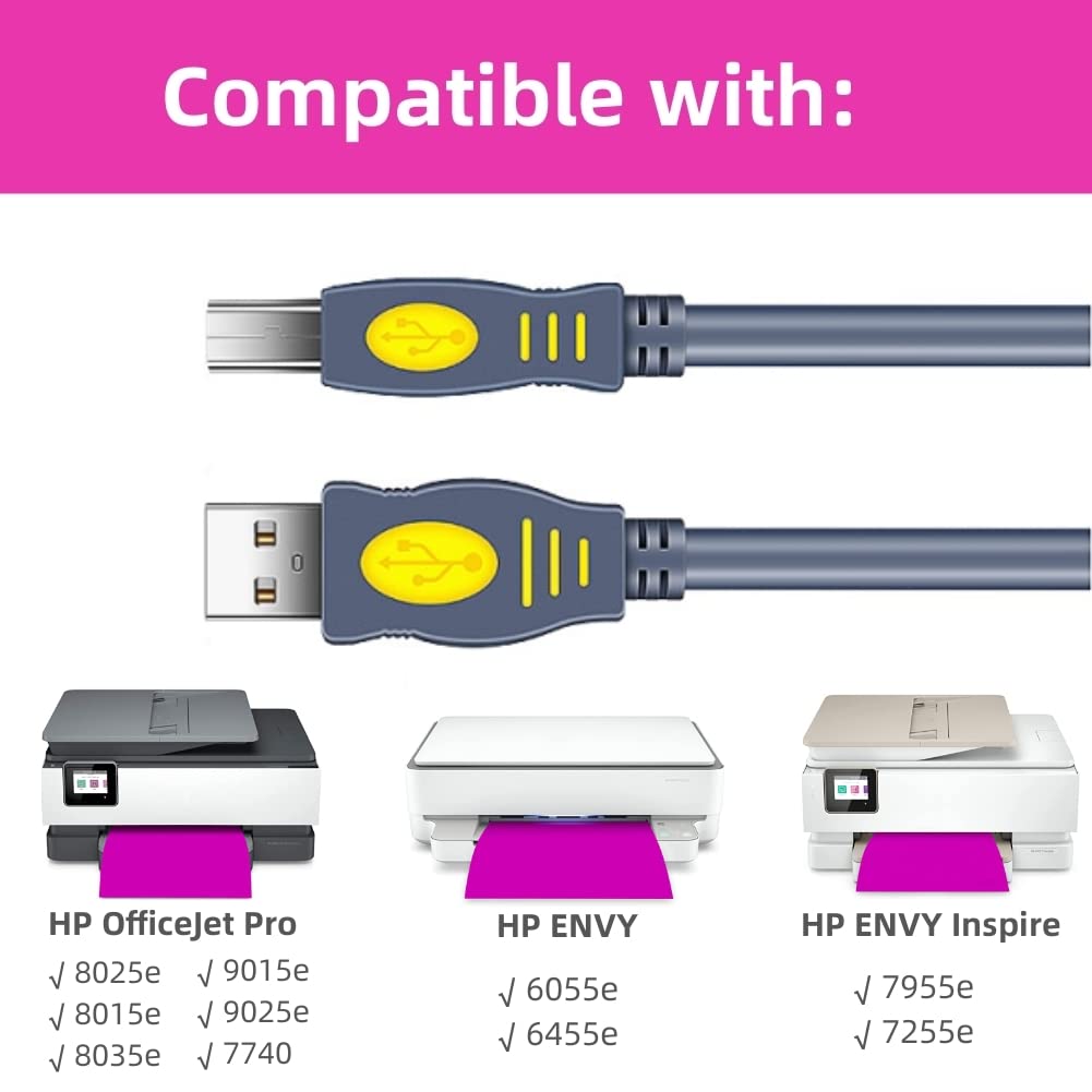 Qjin Usb 2.0 Printer Cable For Hp Officejet Pro 8025E 9015E 8015E 8135E, Envy 6055E 6455E, Envy Inspire 7955E 7255E, 10 Feet