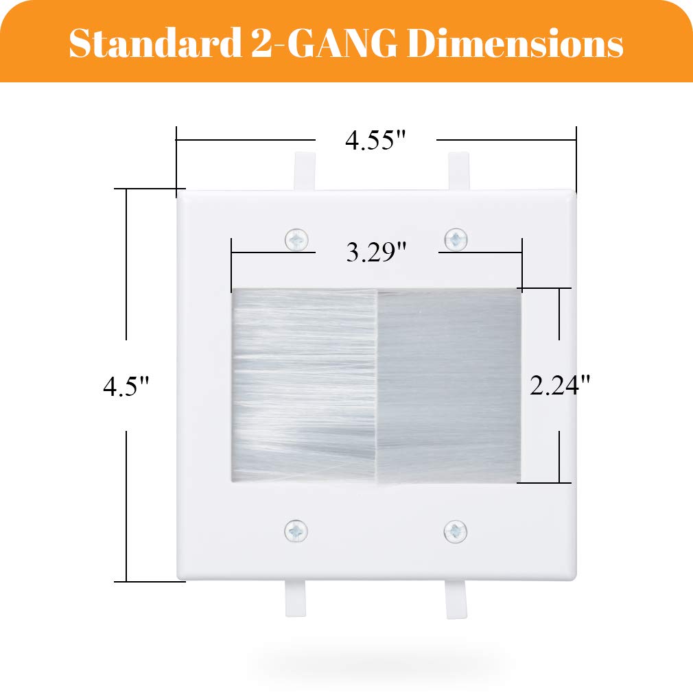 Kebulldola 2 Gang Brush Wall Plate, White 2 Gang Wall Plate With Low Voltage Mounting Bracket For Cable Pass Through (Pack Of 4)