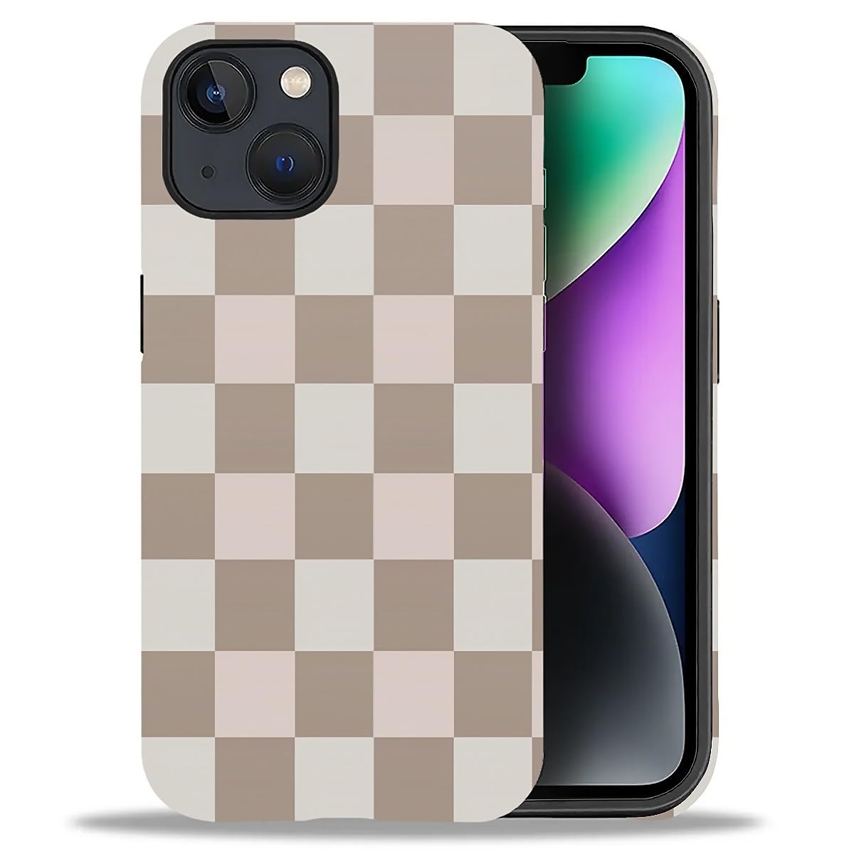 WANKBLC Compatible with iPhone 14 Plus Matte Case, Brown Pink Check Plaid Pattern for Girl Full Body Design Soft Silicone Drop S