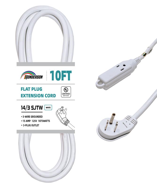 Honderson 3 Outlets Flat Plug Indoor Extension Cord Outlet Extender, Ul Listed, 14 Gauge 10Ft White 3 Prong Heavy Duty, 14/3 Sjt