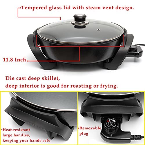 Moss & Stone Round Nonstick Electric Skillet With Lid, Aluminum 12 Inch Electric Frying Pan, 2 Layers Of Non Stick Coating, Adju