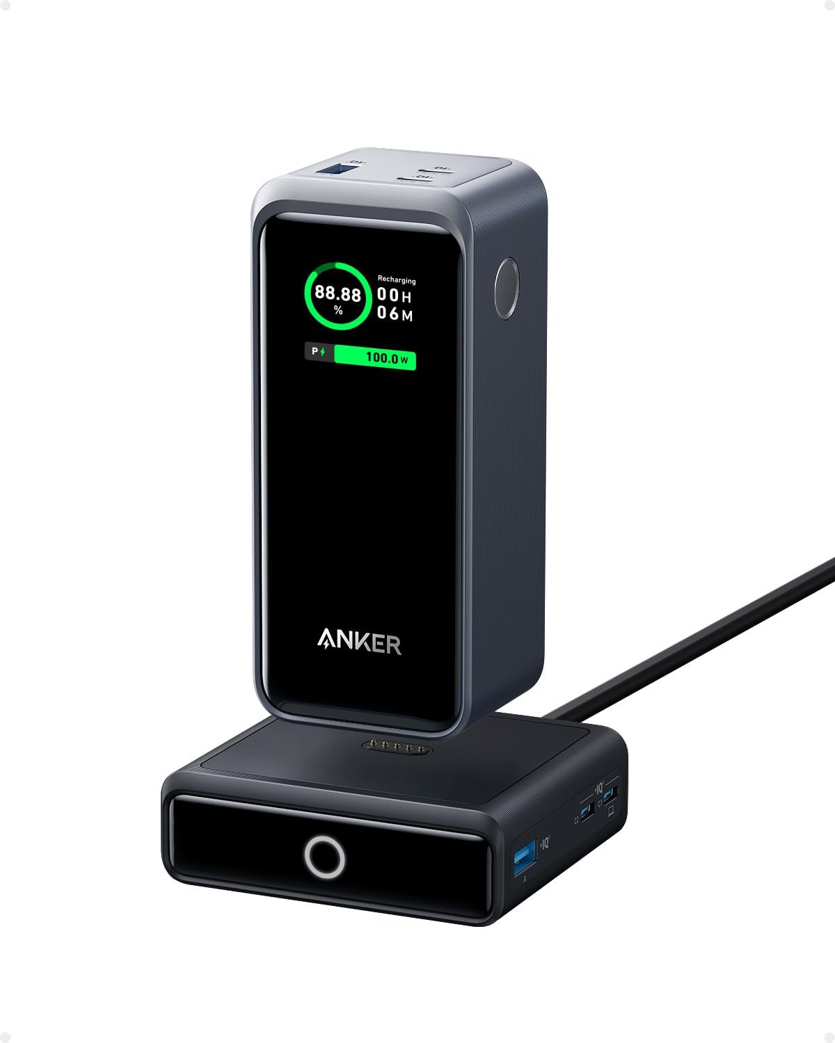 Anker Prime Power Bank 200W, 20,000Mah Portable Charger 3 Port With 100W Charging Base, Smart Digital Display, Compatible With I