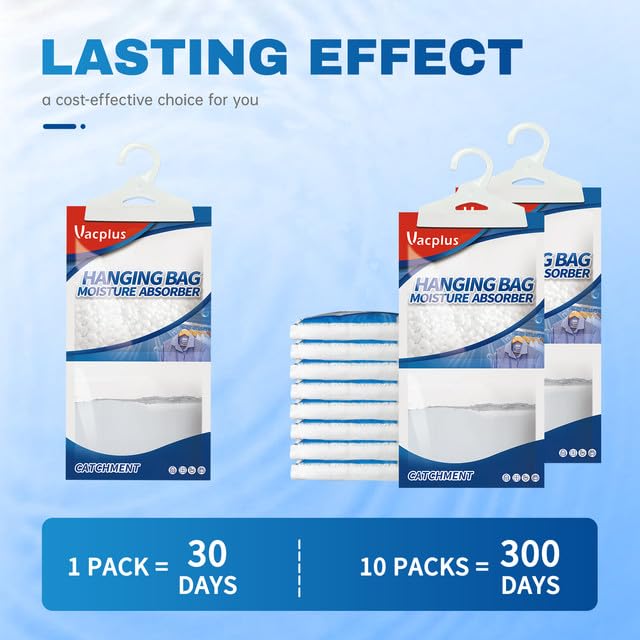 Vacplus Moisture Absorbers Packets, Fragrance Free 10 Pack, Humidity Packs, Dessicant Packets, Hanging Closet Dehumidifier Bags,