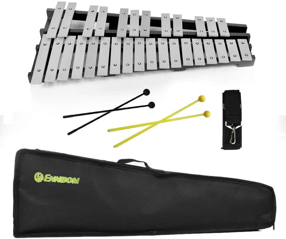 Ennbom 30 Notes Foldable Glockenspiel Xylophone Vibraphone Percussion Instrument (Black Frame, 4 Mallets)