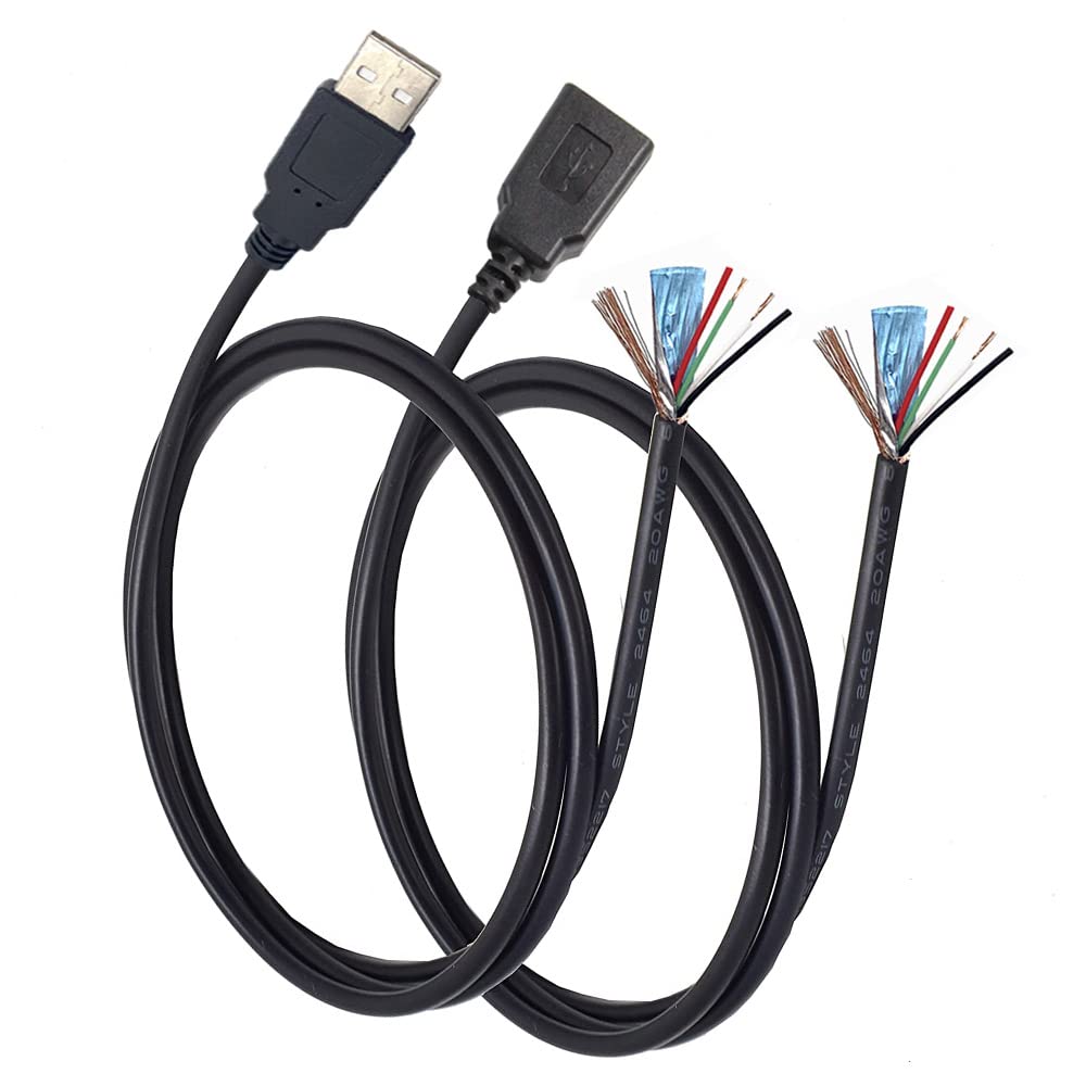 Ksopuert 2 Pcs Usb A Male & Female Plug Aluminum Foil Shielded Twisted Pair Bare Wire Open End Cable 6.6Ft(200Cm) 4 + 1Cores Pow